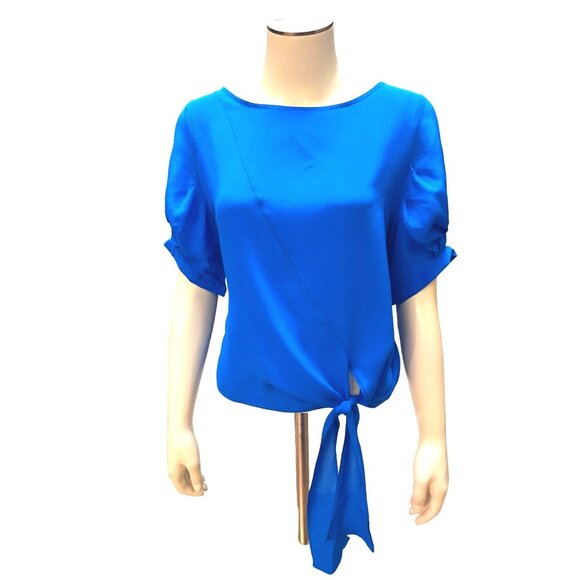 CCC Silk Tie Knot Blouse Cobalt Royal Blue Crew Neck Size Extra Small Petite - Picture 1 of 8